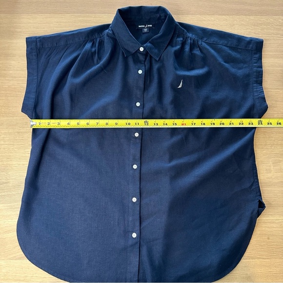 Nautica Women's Navy Linen Blend Short Sleeve Button Up Shirt Sz L - Picture 7 of 10